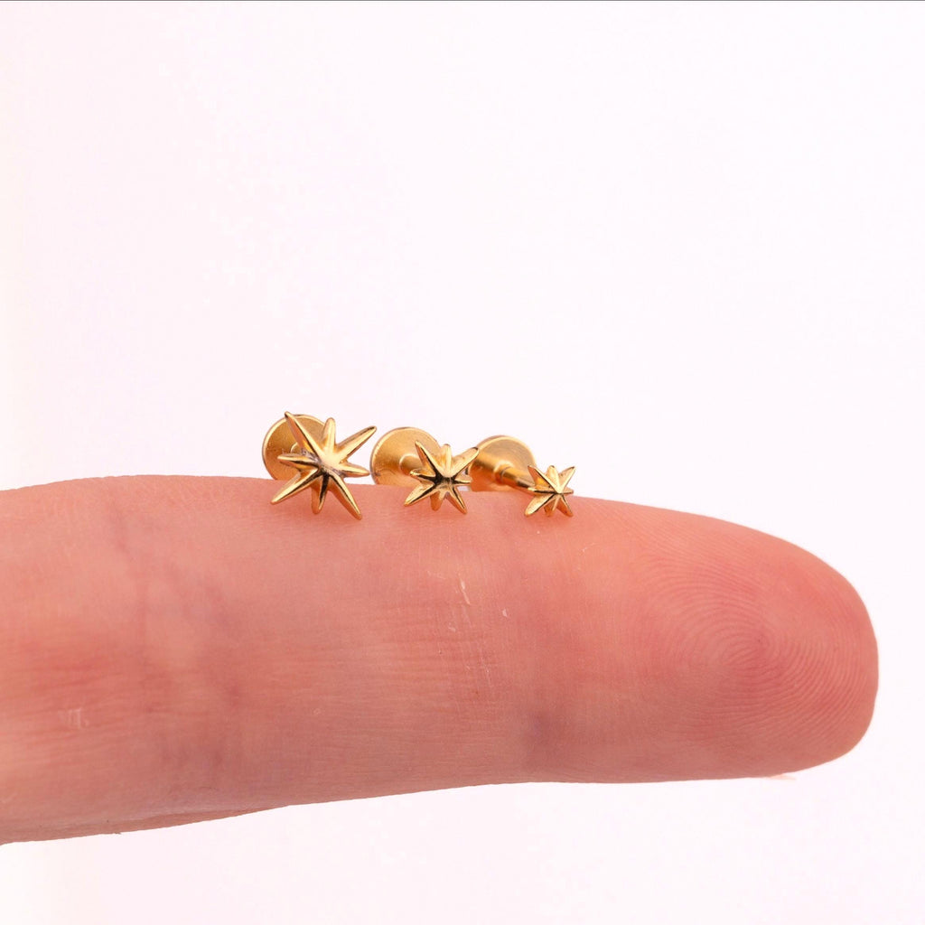 18G Starburst Threadless Push Pin Gold Flat Back Stud Earring