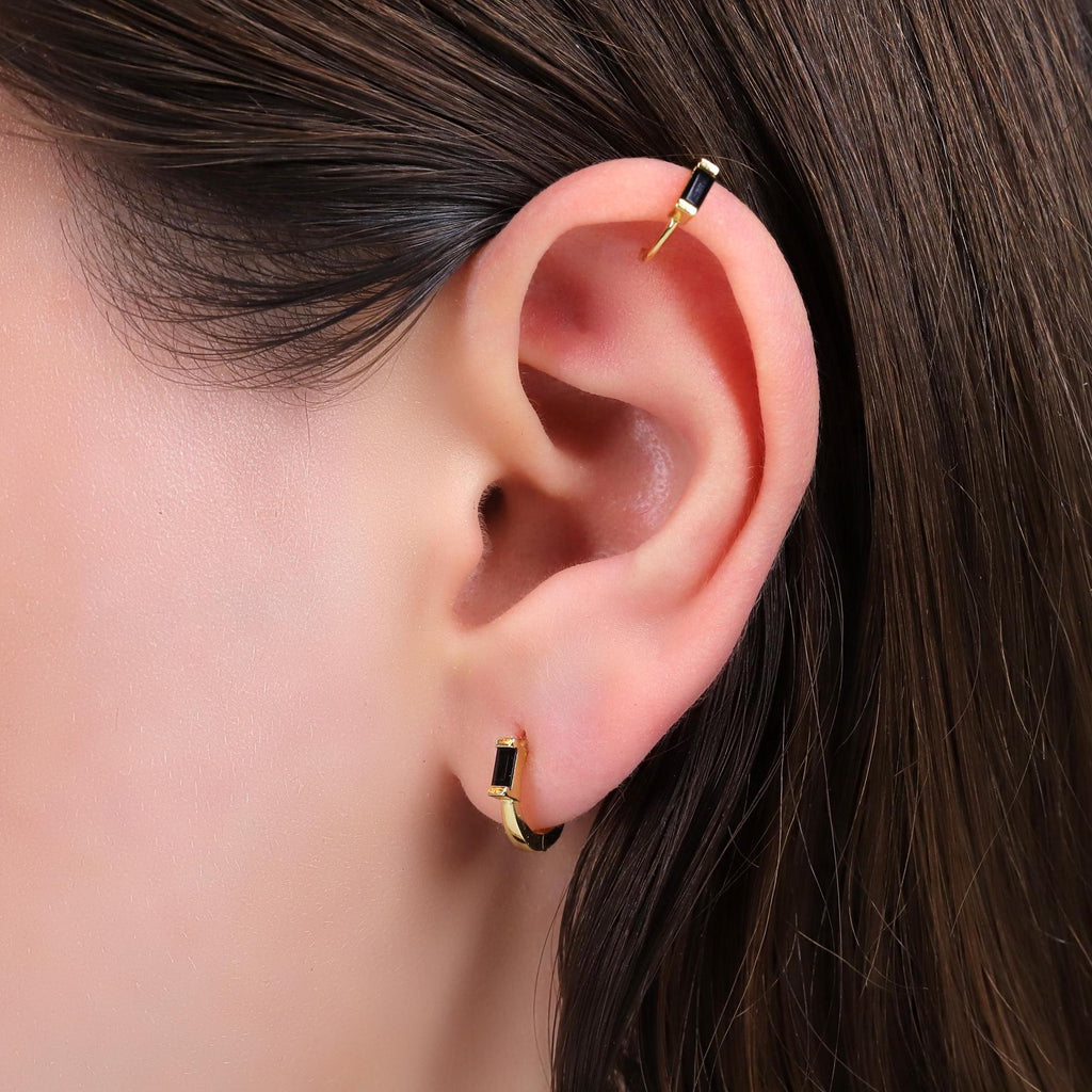 Black Stone Baguette Huggie Hoop Earrings