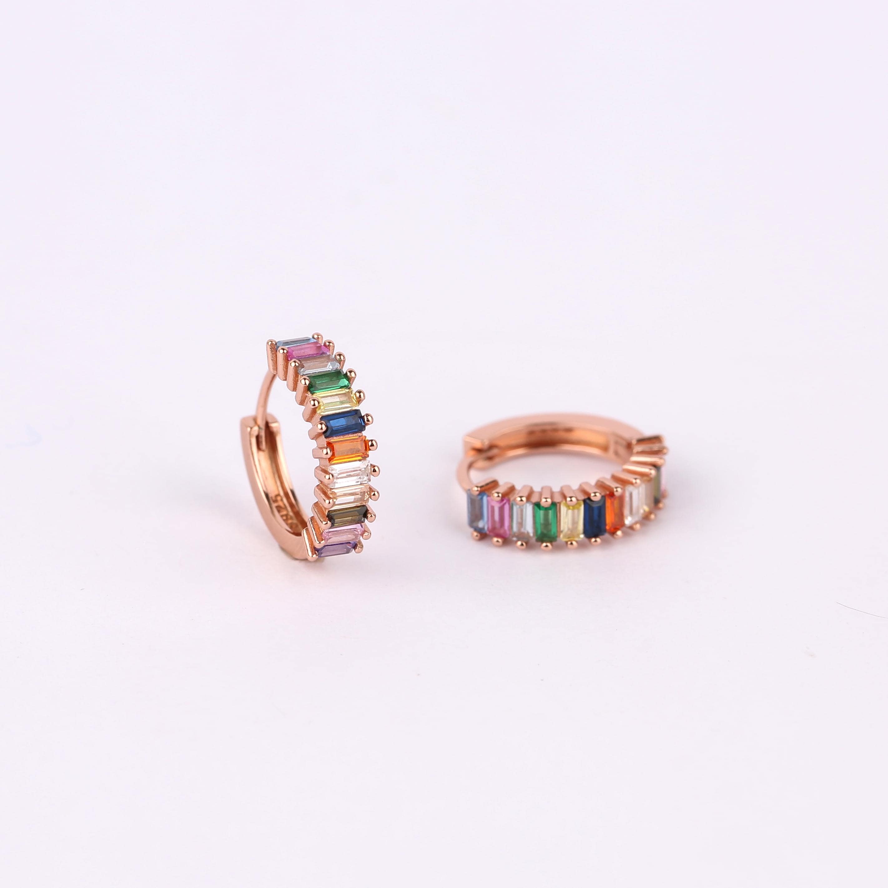 Rainbow CZ Huggie Hoop Earrings