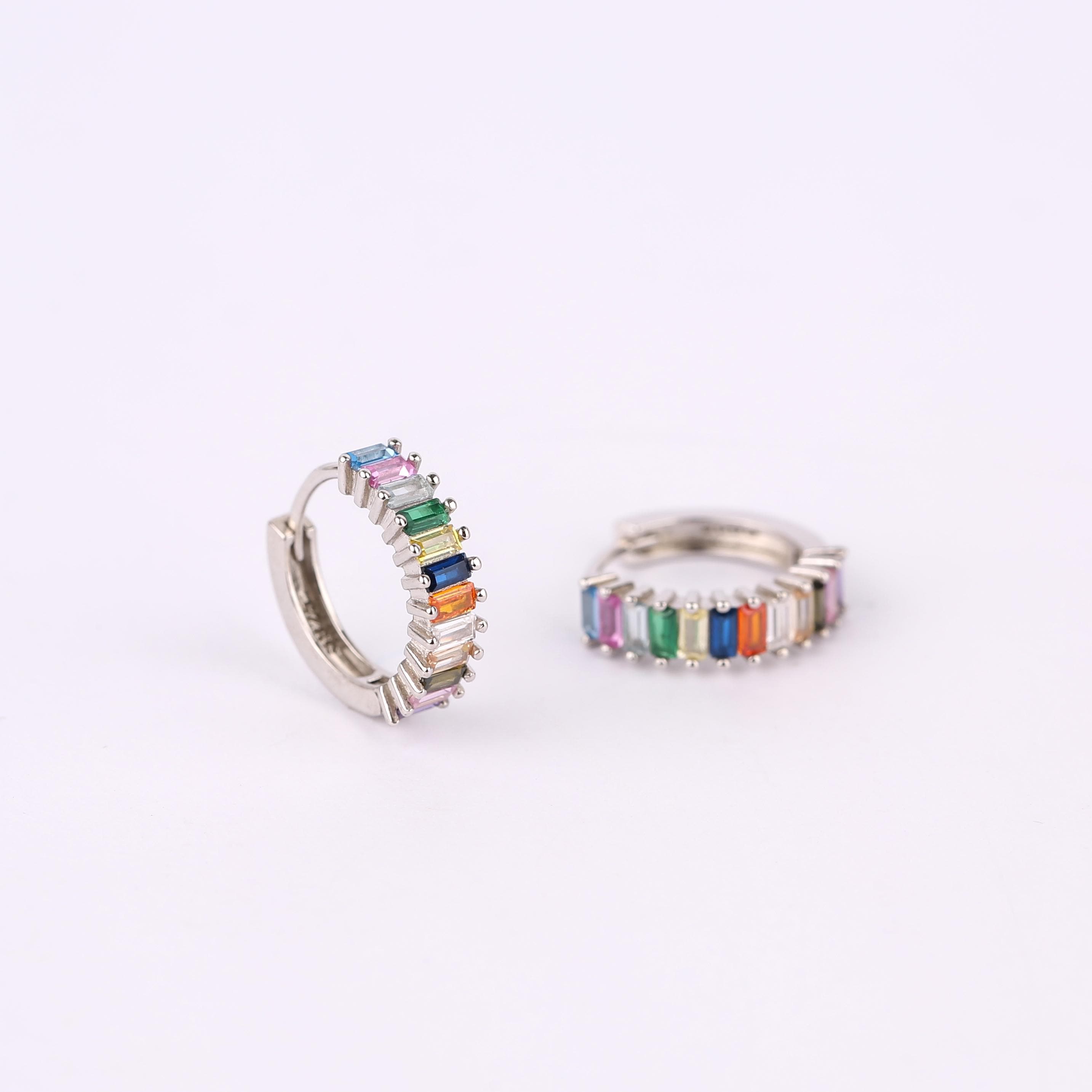 Rainbow CZ Huggie Hoop Earrings