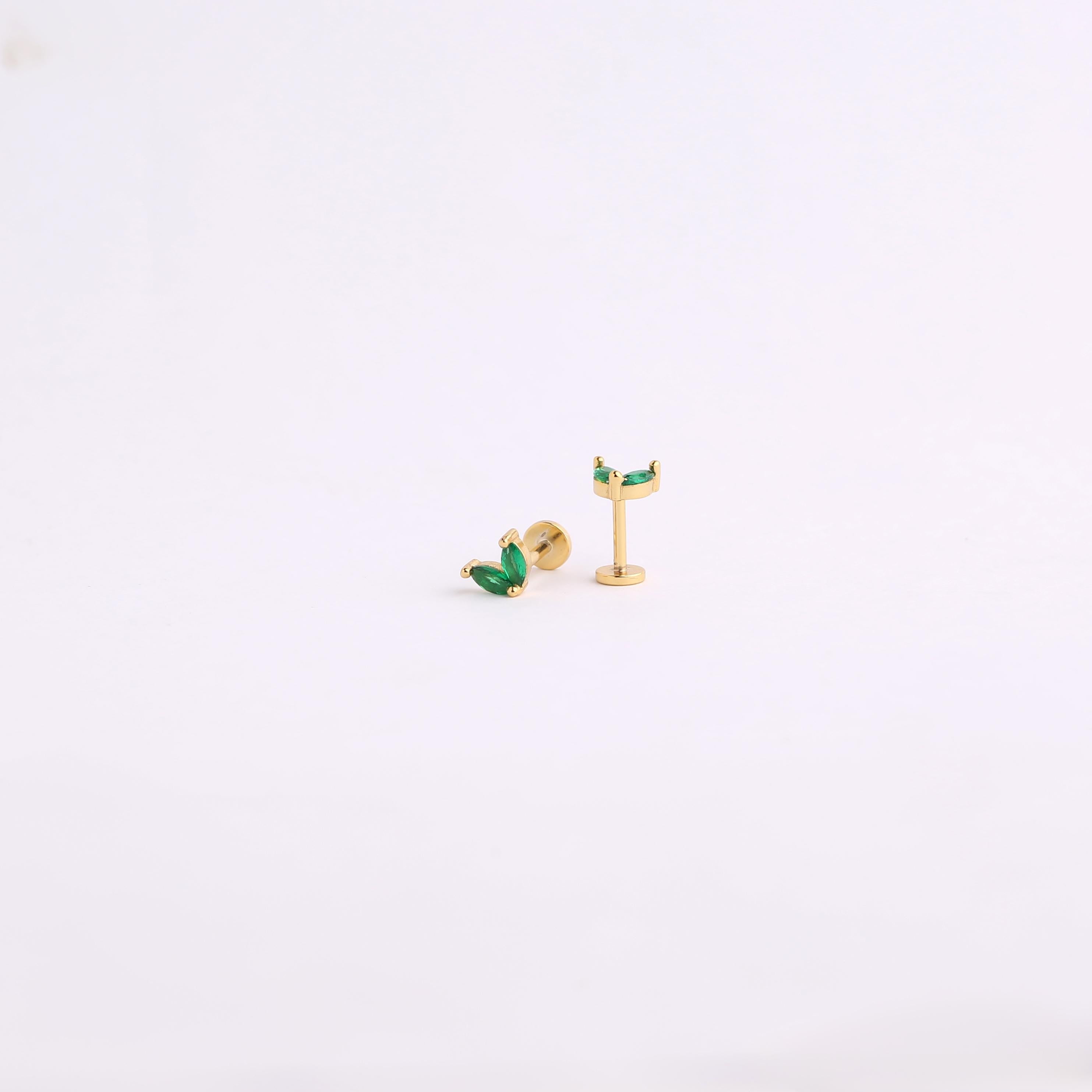 Emerald Leaf Sterling Silver Threadless Push Pin Labret Stud