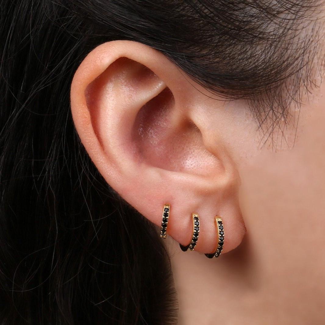Tiny Black Stone Huggie Hoop Earrings