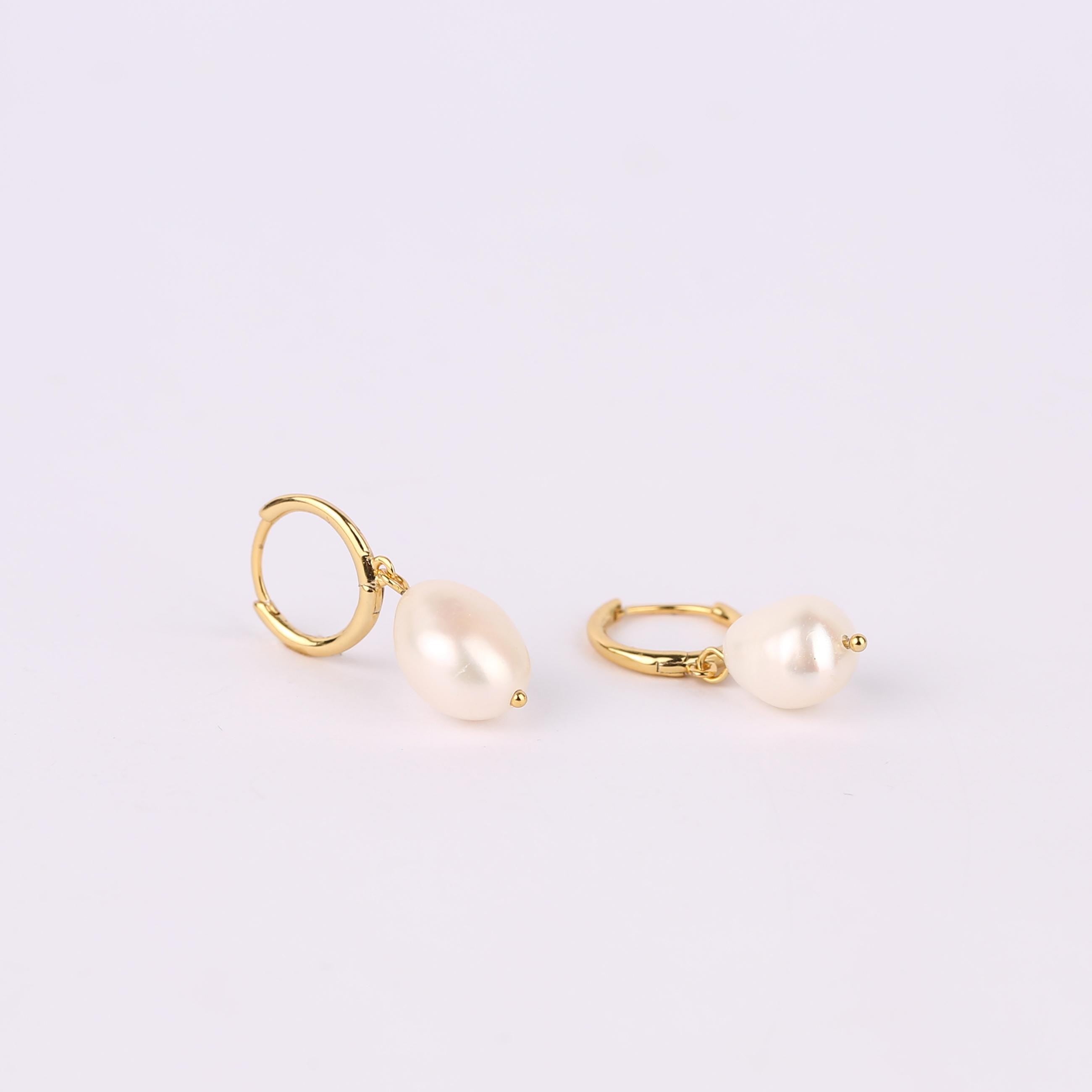 Gold Pearl Drop Huggie Hoop Earrings