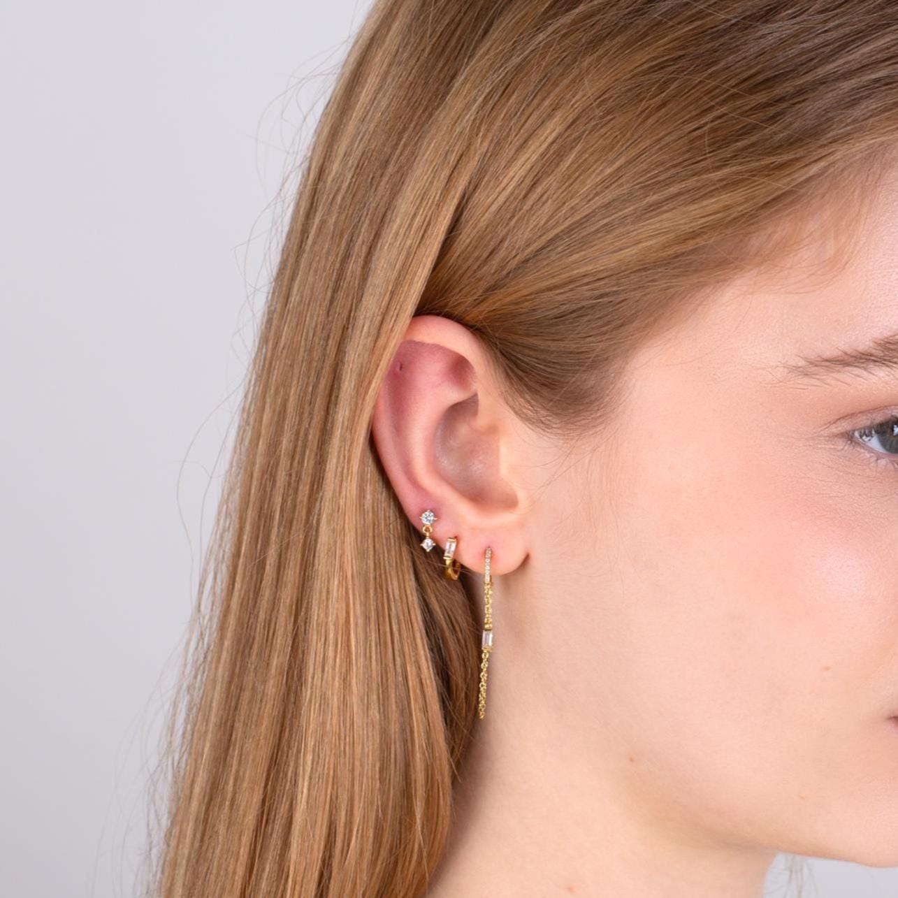 Sterling Silver Baguette CZ Huggie Drop Hoop Earrings with