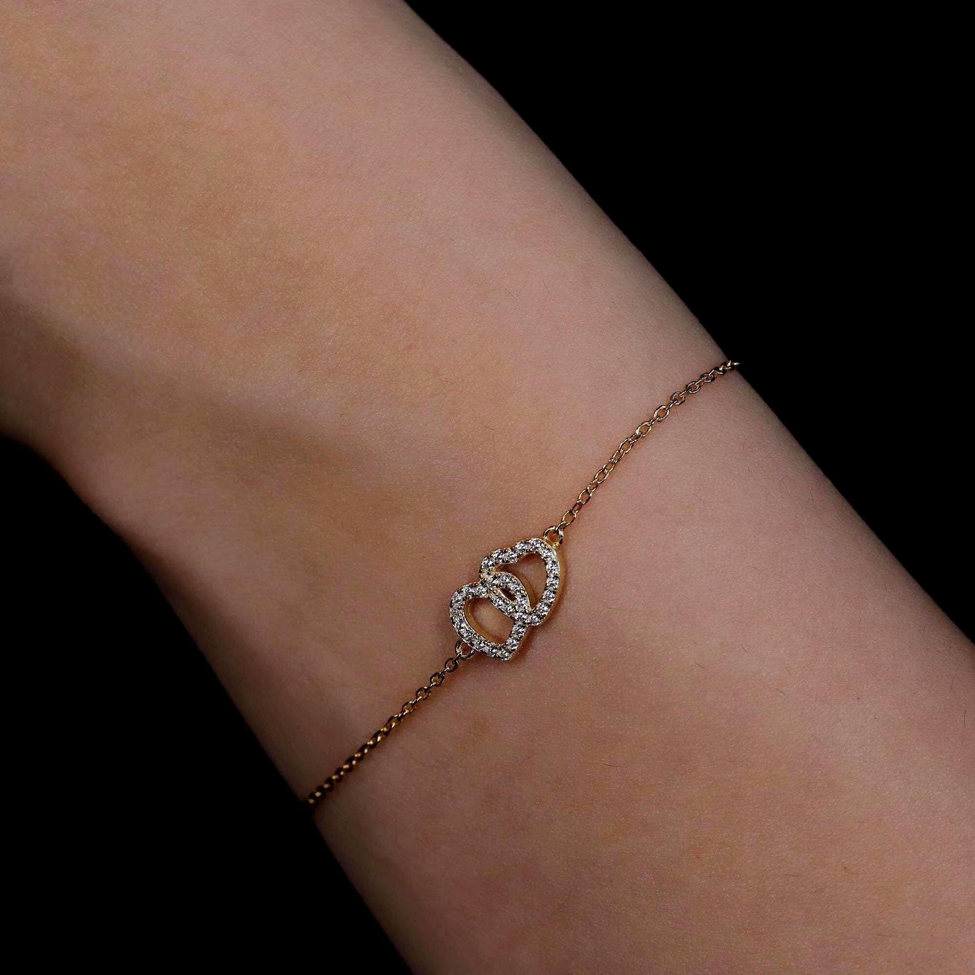 Double Heart Charm Bracelet CZ