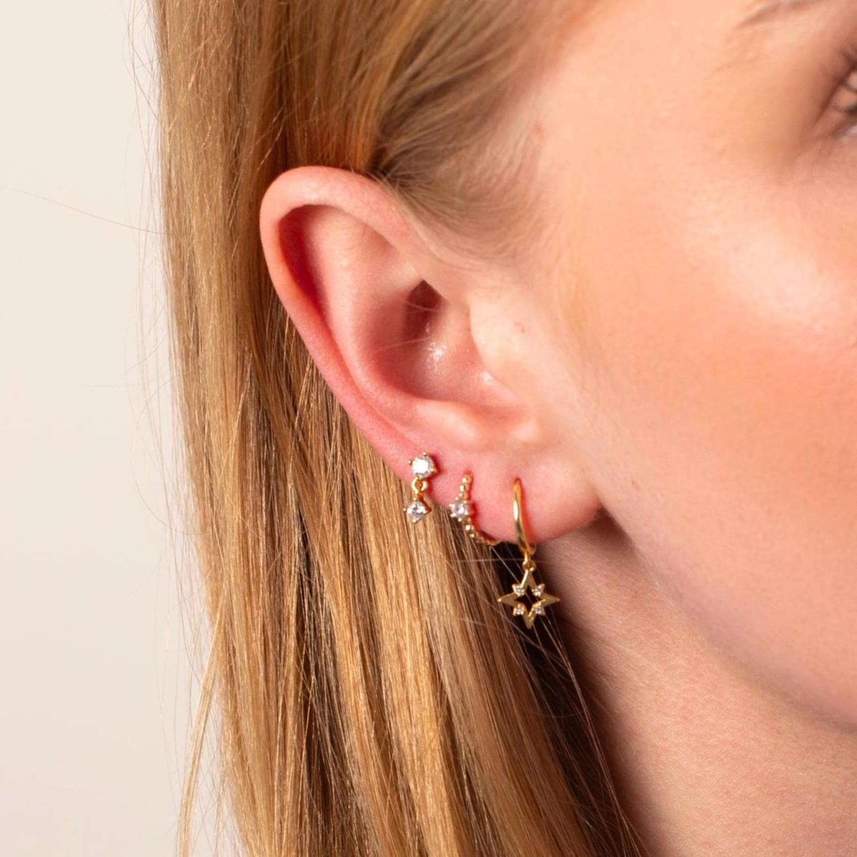 Gold Ear Stack Set, Star Dangle Hoop Earrings