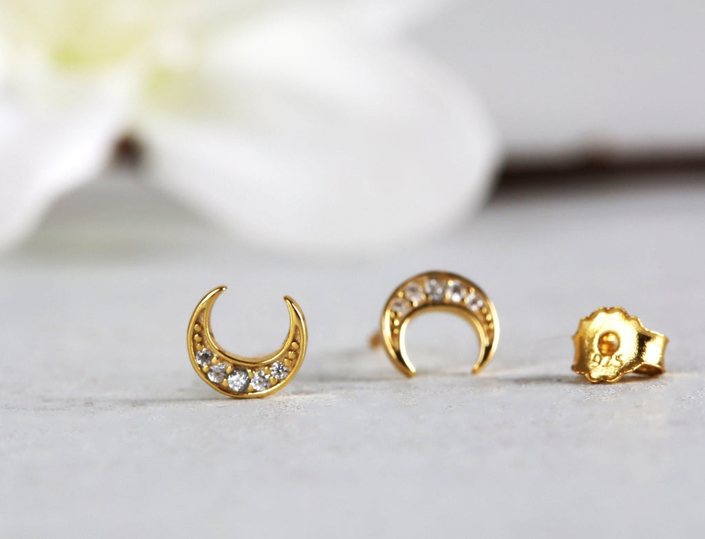 Dainty Crescent Moon CZ Stud Earrings