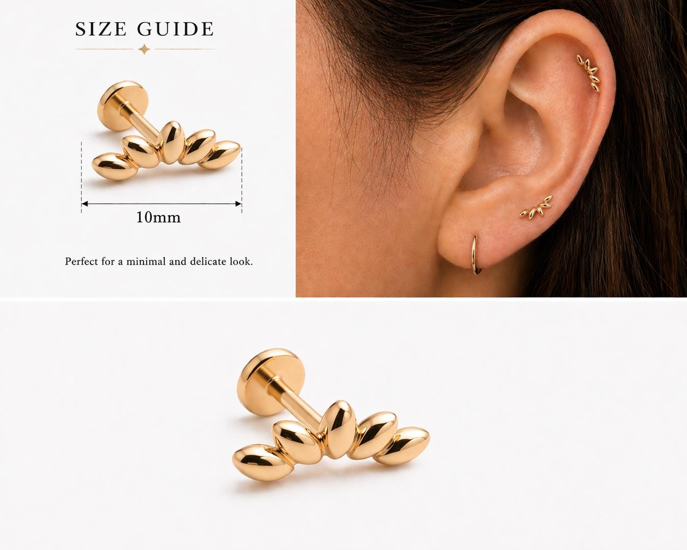 18G Climber Threadless Push Pin Labret Gold Flat Back Stud