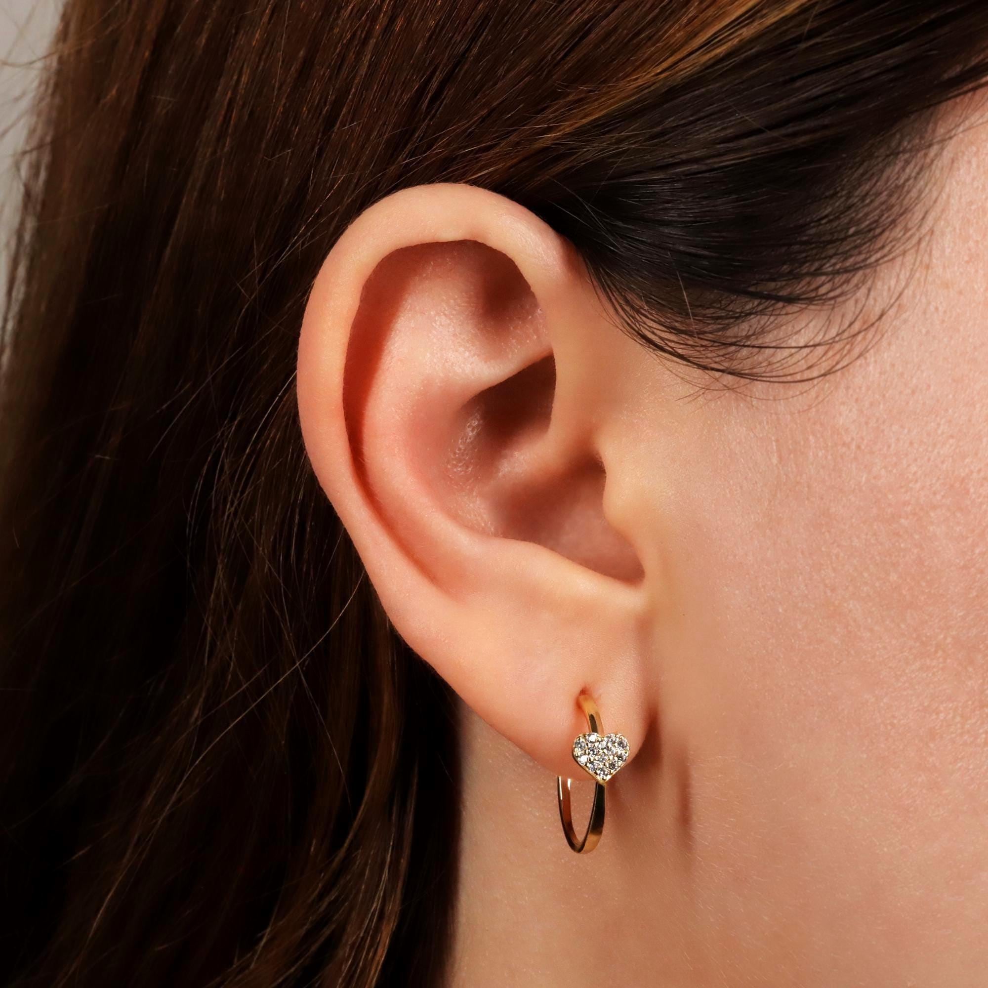 Pave Heart Hoop Stud Earrings