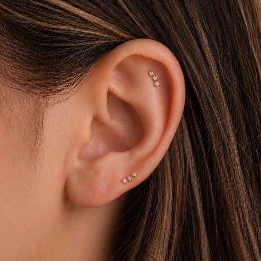 18G Three CZ Stone Threadless End Push Pin Labret Gold Flat