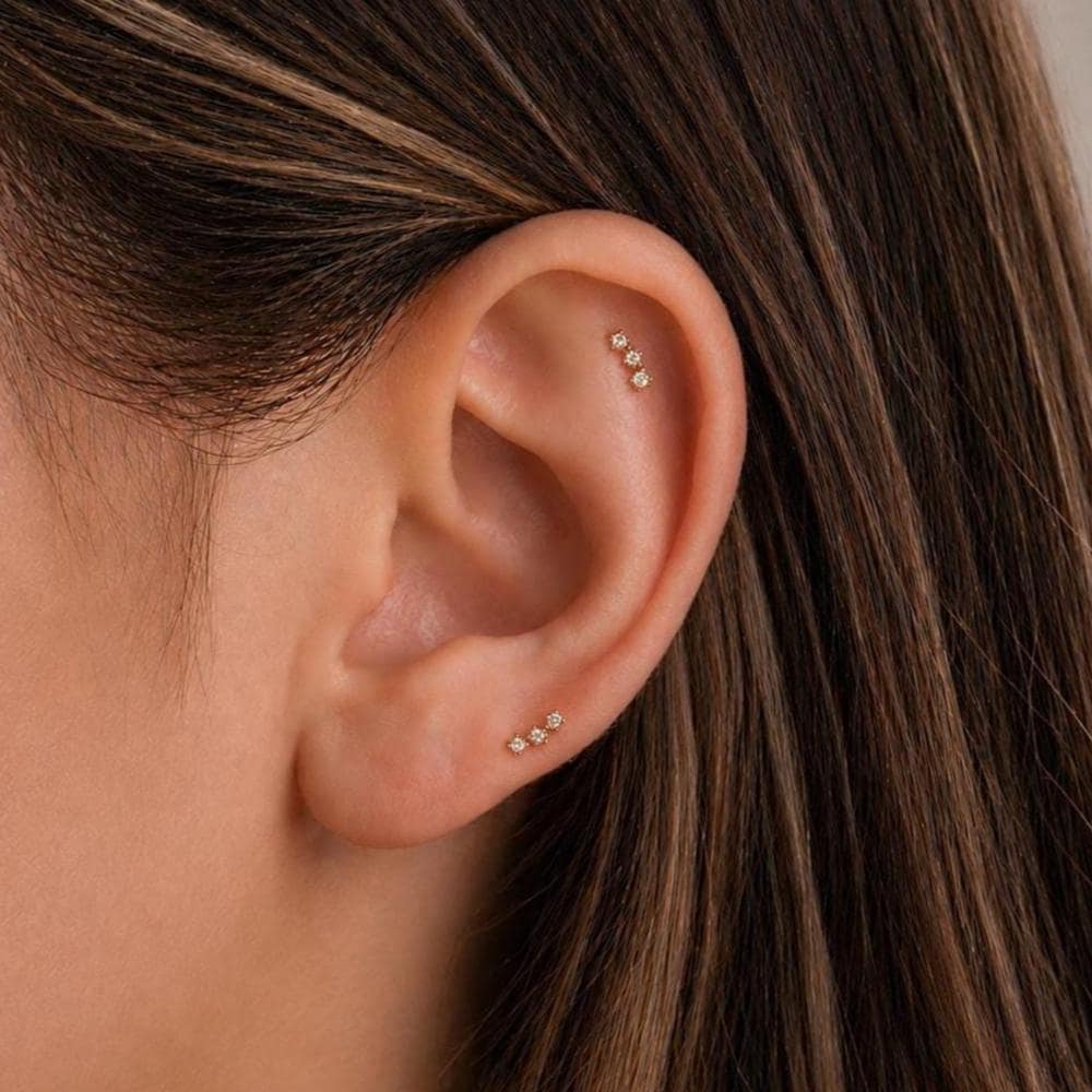 18G Tiny Three Cz Push Pin Labret Threadless End Gold Flat