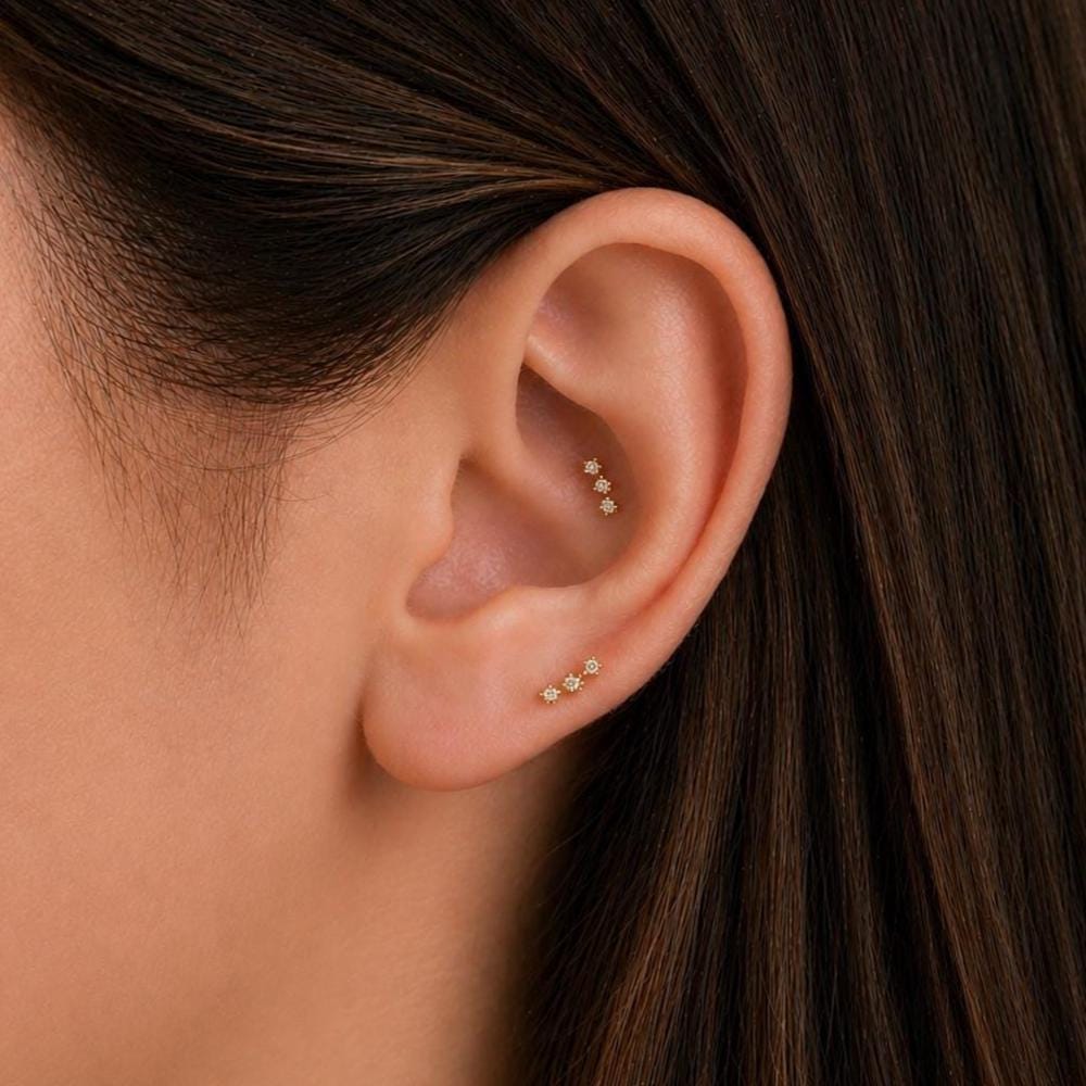 18G Three CZ Stone Threadless End Push Pin Labret Gold Flat