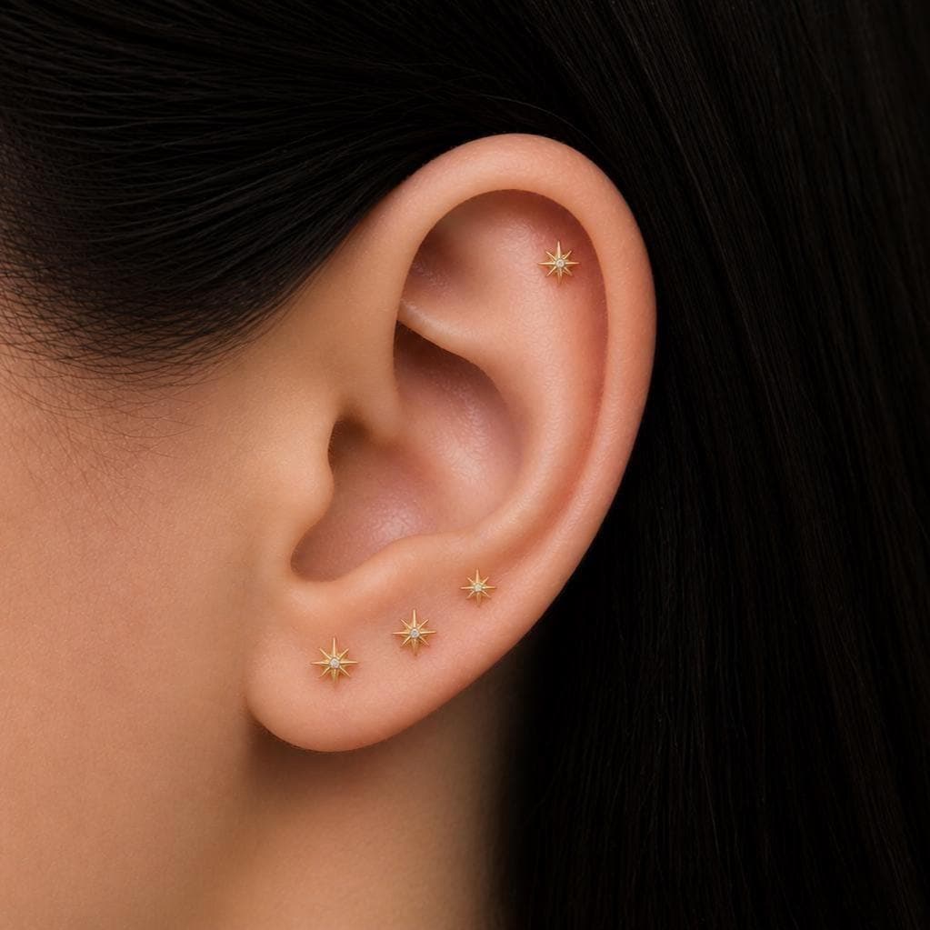 18G Starburst Threadless Push Pin Gold Flat Back Stud Earring