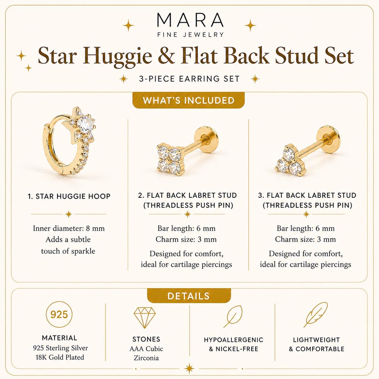 Star Huggie Hoop and Flat Back Stud Set