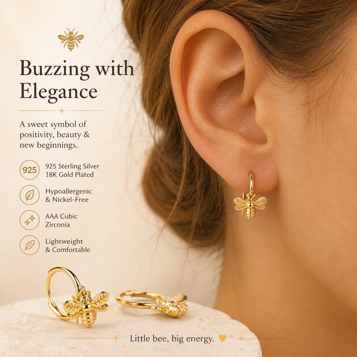 Bee Charm Dangle Hoop Earrings