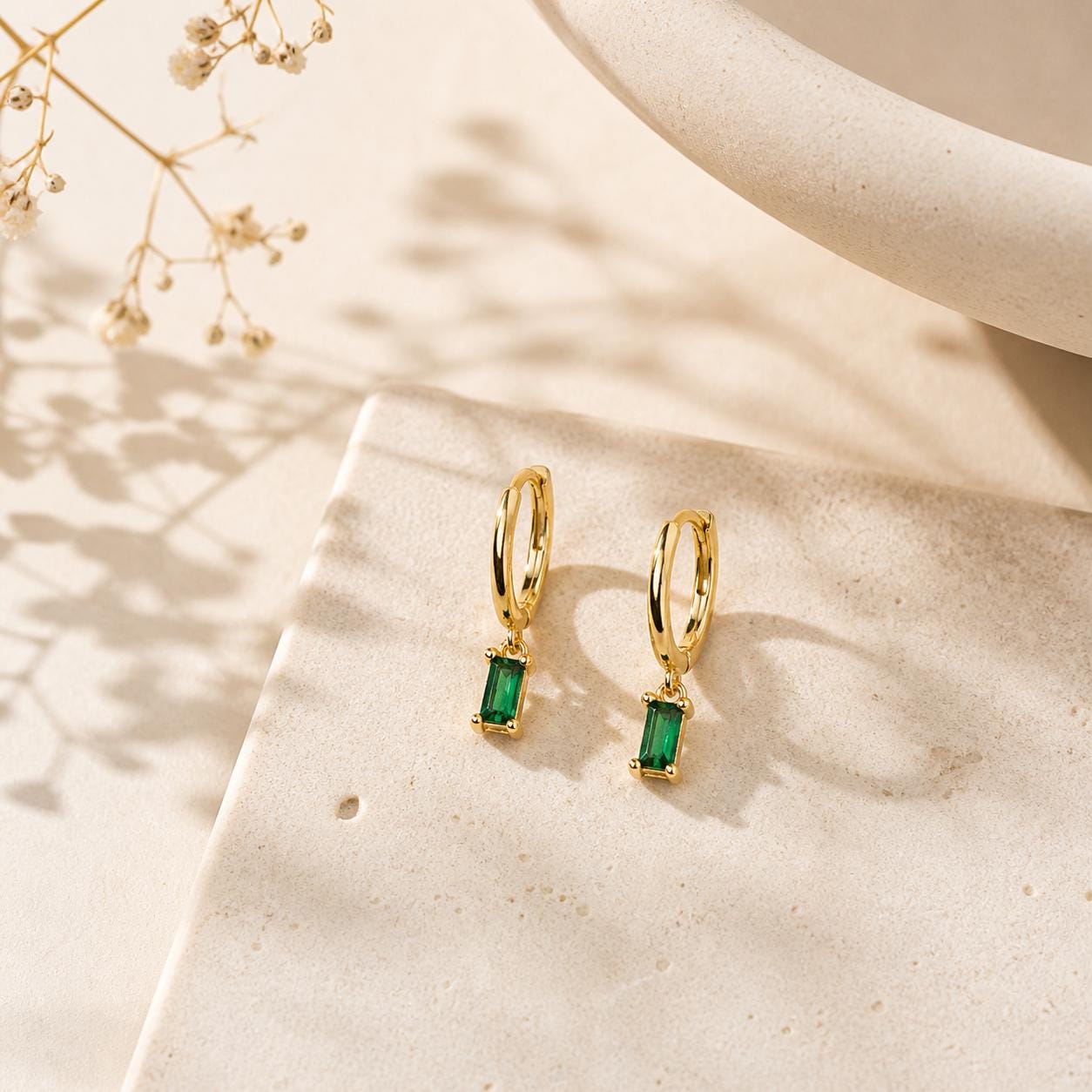 Emerald Baguette Hoop Earrings