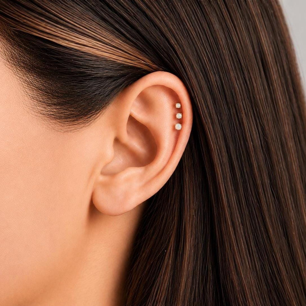 18G White Opal Threadless Push Pin Flat Back Labret Stud