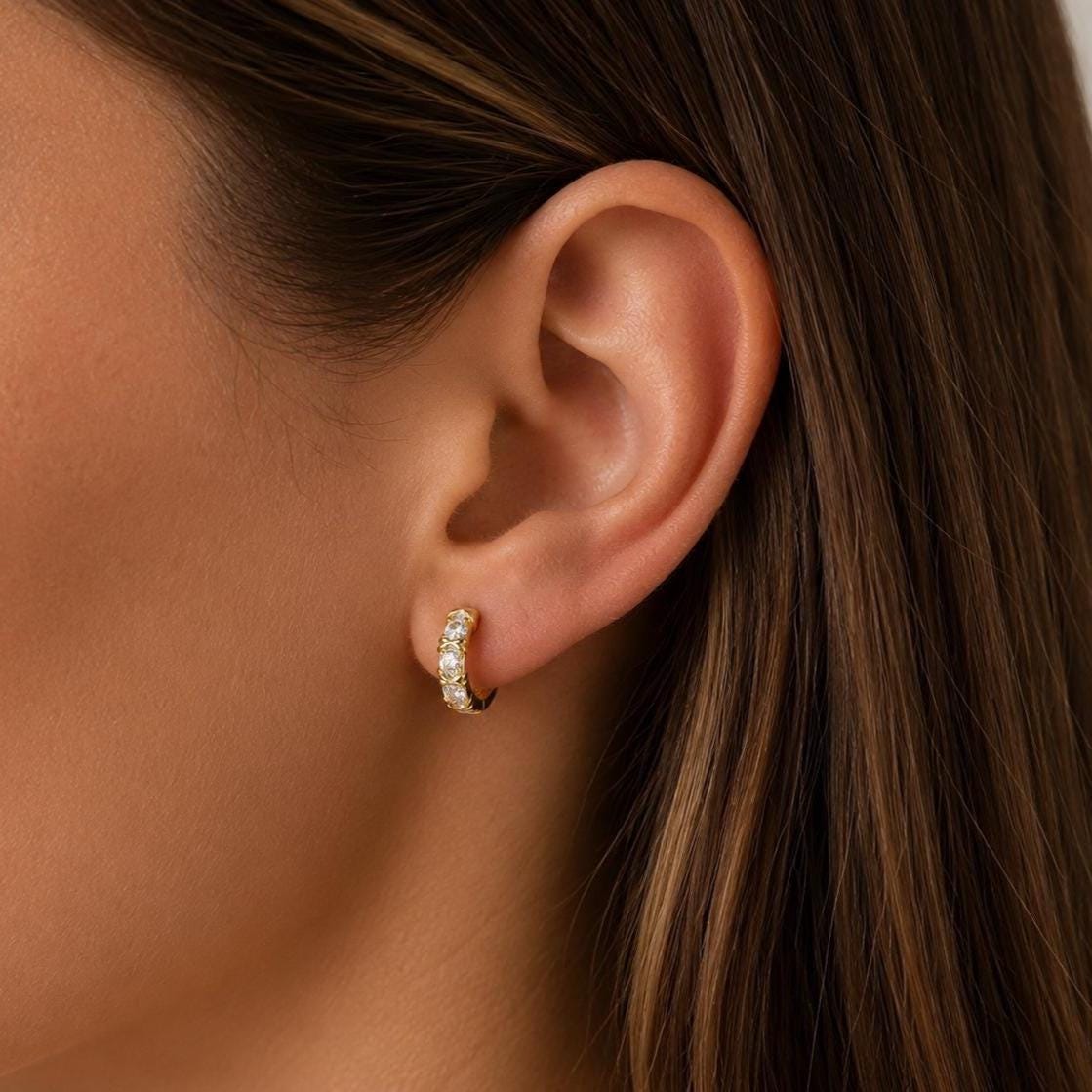 Gold CZ Huggie Hoop Earrings