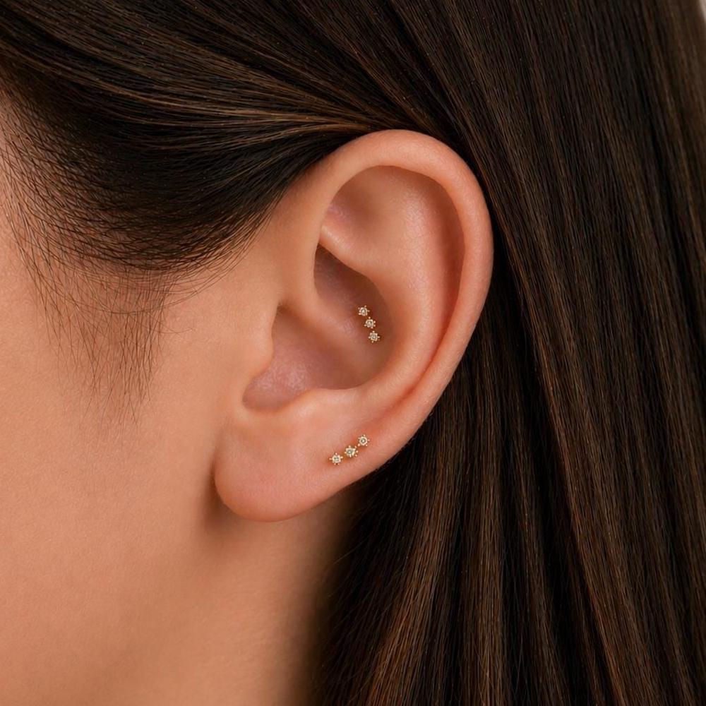 18G Tiny Three Cz Push Pin Labret Threadless End Gold Flat