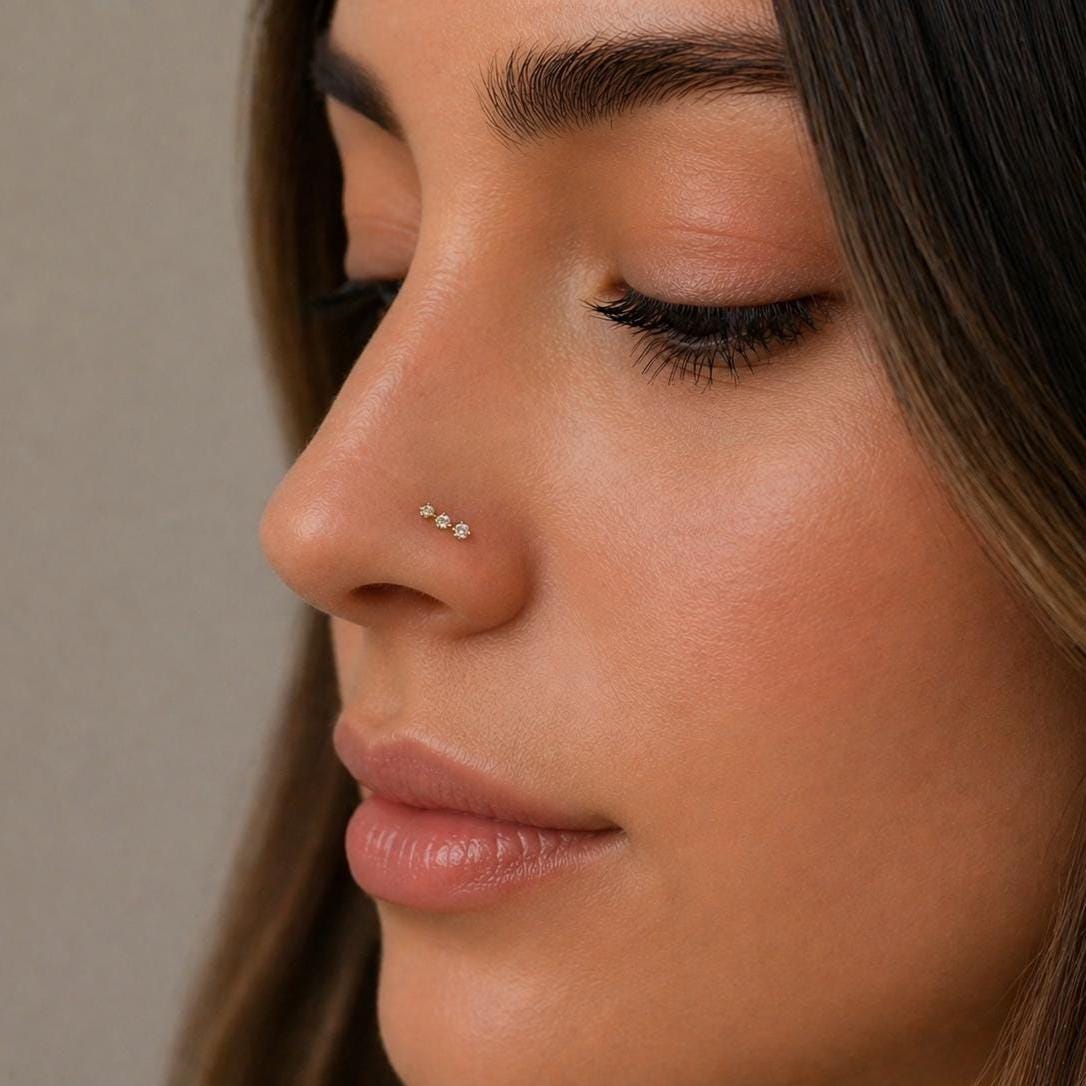 18G Three CZ Stone Threadless End Push Pin Labret Gold Flat