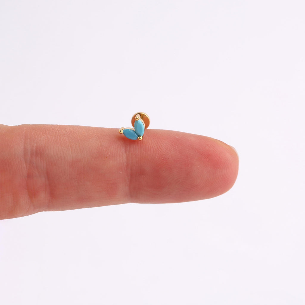 Turquoise Leaf Threadless Flat Back Stud 18G