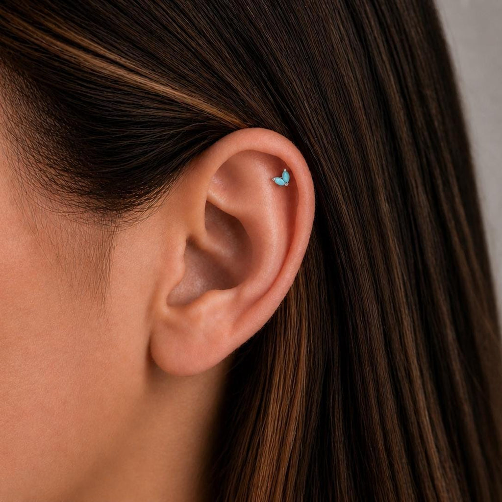 Turquoise Leaf Threadless Flat Back Stud 18G