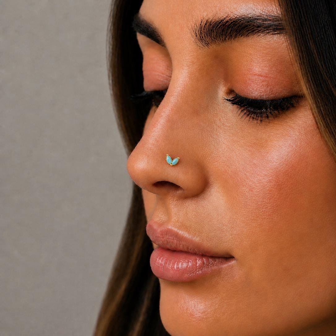 Turquoise Leaf Threadless Flat Back Stud 18G
