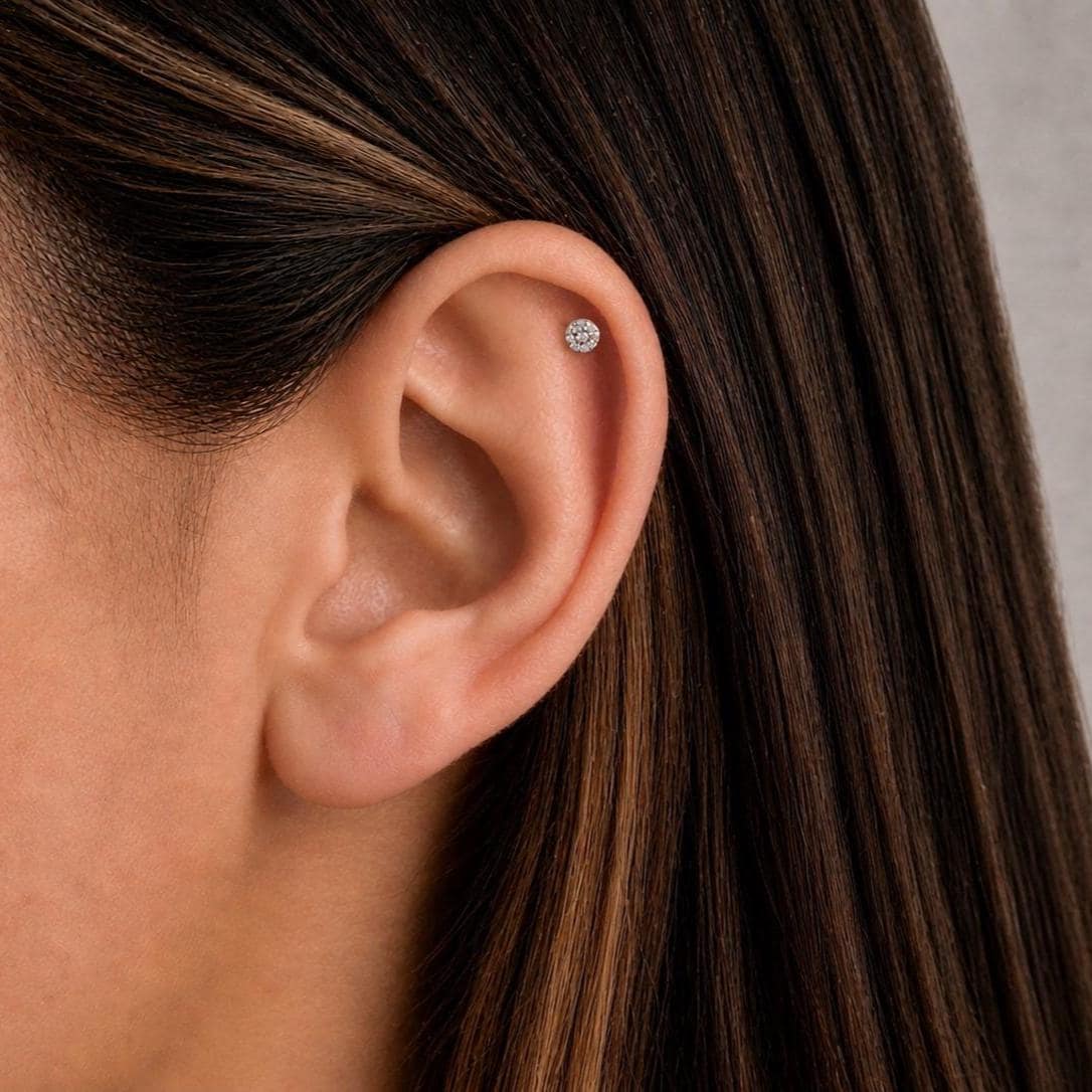 Tiny Pave CZ Disc Threadless Flat Back Stud 18G