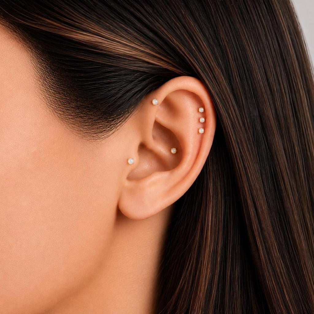18G White Opal Threadless Push Pin Flat Back Labret Stud