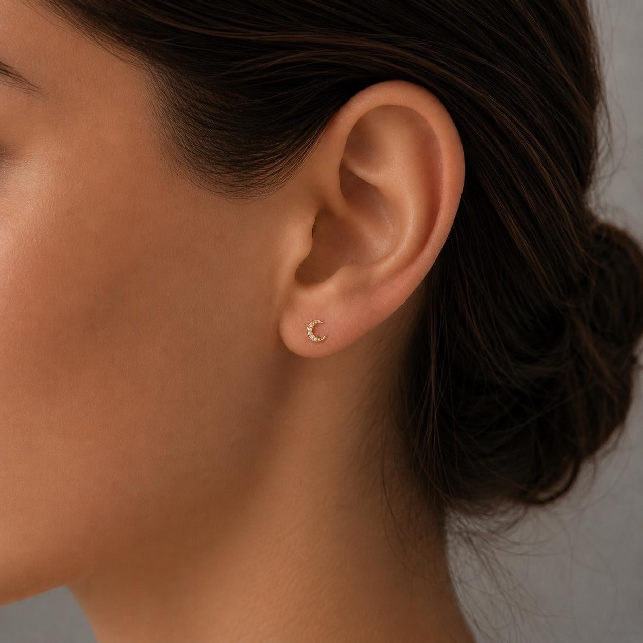 Dainty Crescent Moon CZ Stud Earrings